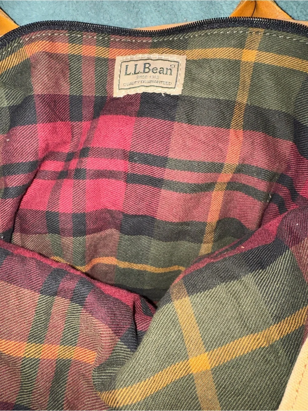 L.L. Bean Plaid lined Tote with Red, Green and Yellow Trim - Picture 2 of 7